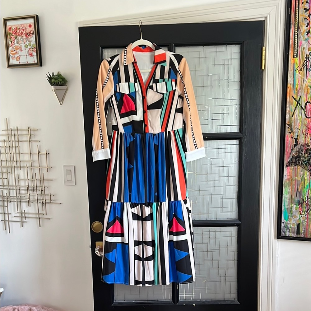 Blue and White A-Line Geometric Dress